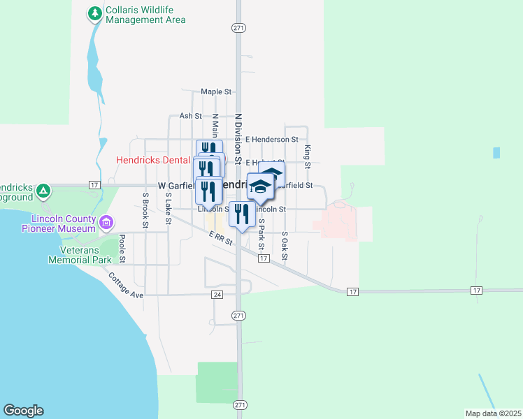 map of restaurants, bars, coffee shops, grocery stores, and more near 200 East Lincoln Street in Hendricks