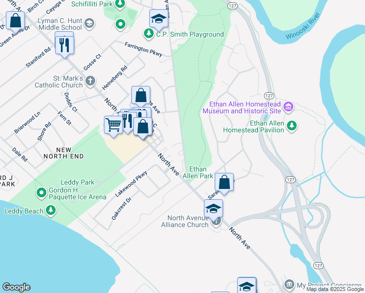 map of restaurants, bars, coffee shops, grocery stores, and more near 1006 North Avenue in Burlington