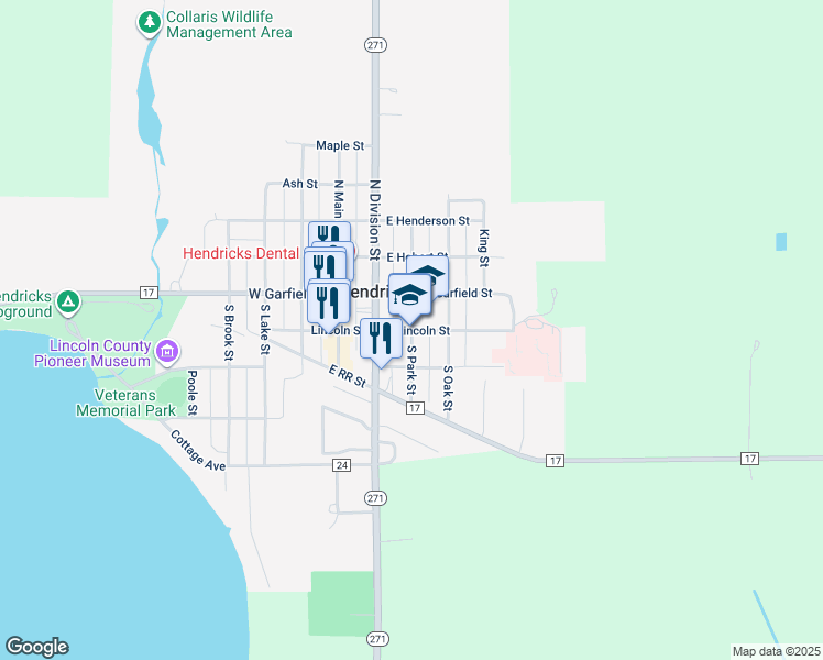 map of restaurants, bars, coffee shops, grocery stores, and more near 200 East Lincoln Street in Hendricks