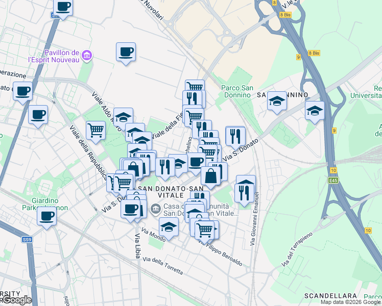map of restaurants, bars, coffee shops, grocery stores, and more near 20 Via Corrado Masetti in Bologna