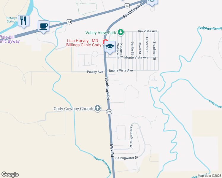 map of restaurants, bars, coffee shops, grocery stores, and more near 2429 Stolt Street in Cody