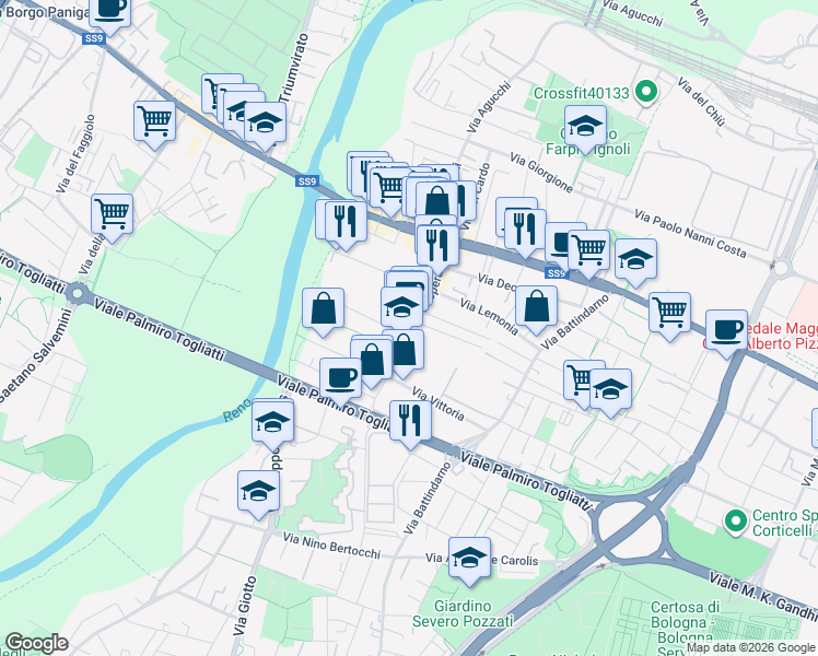map of restaurants, bars, coffee shops, grocery stores, and more near 43 Via Speranza in Bologna