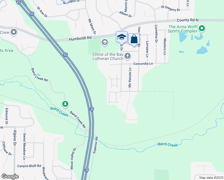 map of restaurants, bars, coffee shops, grocery stores, and more near 303 Laverne Drive in Green Bay