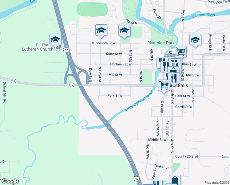 map of restaurants, bars, coffee shops, grocery stores, and more near 101 9th Street North in Cannon Falls