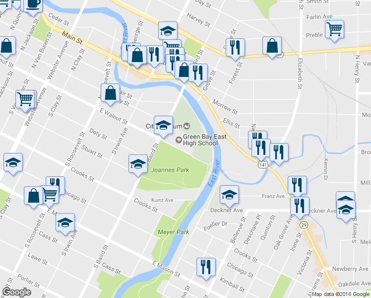 map of restaurants, bars, coffee shops, grocery stores, and more near 23 East Walnut Street in Green Bay