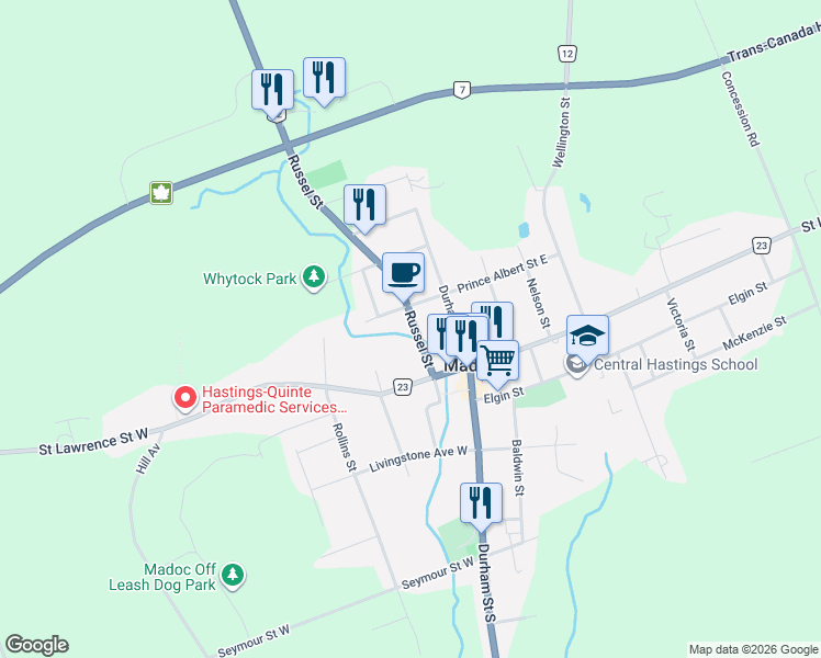 map of restaurants, bars, coffee shops, grocery stores, and more near 108 Russel Street in Madoc