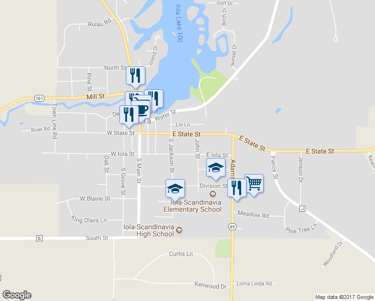 map of restaurants, bars, coffee shops, grocery stores, and more near 375 East Iola Street in Iola