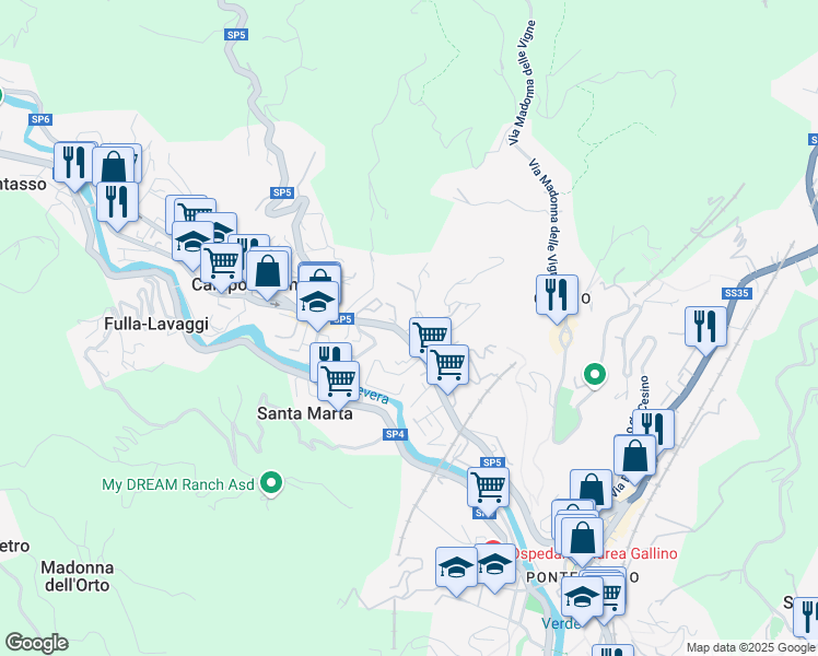 map of restaurants, bars, coffee shops, grocery stores, and more near 123 Via Campomorone in Genova