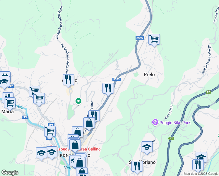 map of restaurants, bars, coffee shops, grocery stores, and more near Via Natale Gallino in Genova