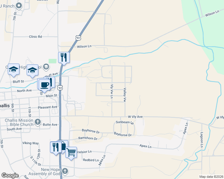 map of restaurants, bars, coffee shops, grocery stores, and more near Valley View in Challis