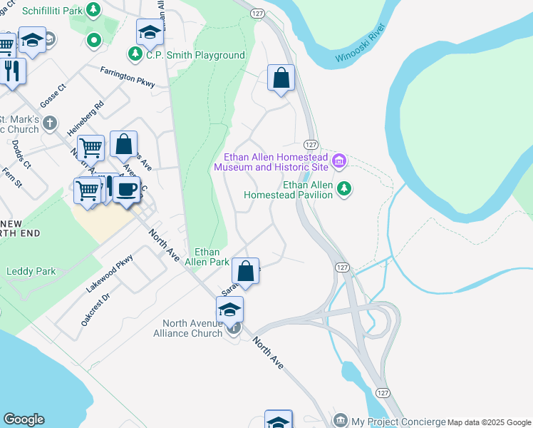 map of restaurants, bars, coffee shops, grocery stores, and more near 17 Rivermount Terrace in Burlington