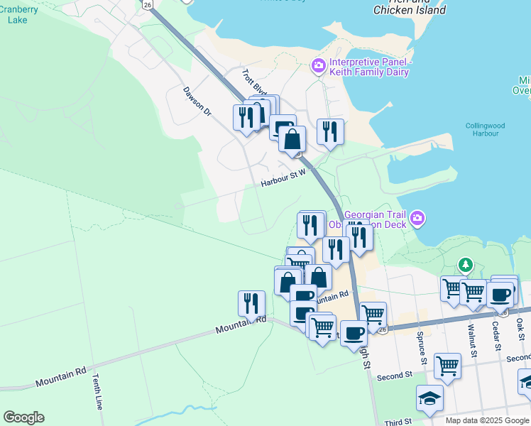 map of restaurants, bars, coffee shops, grocery stores, and more near 8 Harbour Street West in Collingwood
