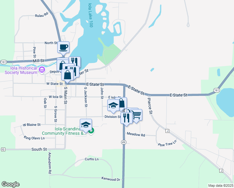 map of restaurants, bars, coffee shops, grocery stores, and more near 475 East Iola Street in Iola