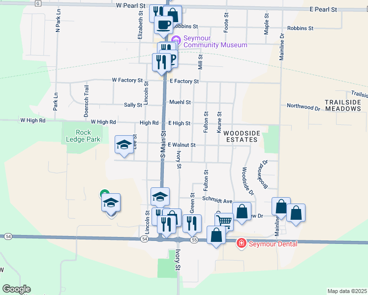 map of restaurants, bars, coffee shops, grocery stores, and more near 212 East Walnut Street in Seymour