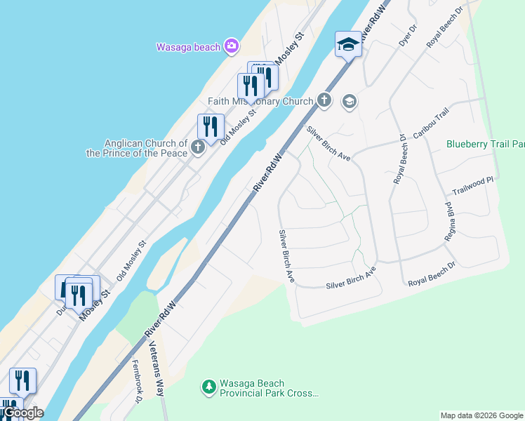 map of restaurants, bars, coffee shops, grocery stores, and more near 19 Indianola Crescent in Wasaga Beach