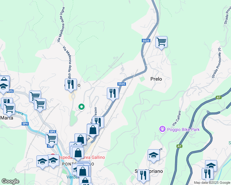 map of restaurants, bars, coffee shops, grocery stores, and more near Via Natale Gallino in Genoa