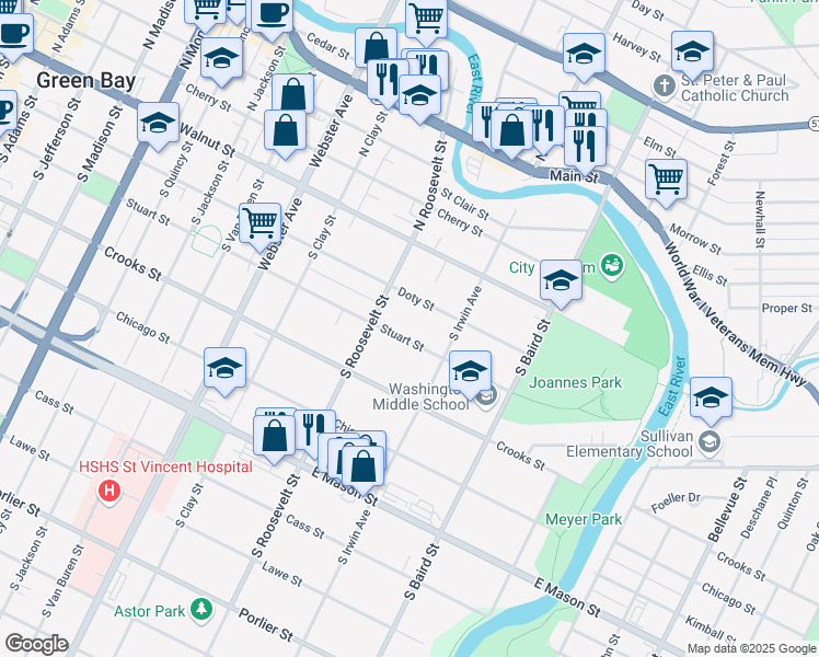map of restaurants, bars, coffee shops, grocery stores, and more near 1239 Stuart Street in Green Bay