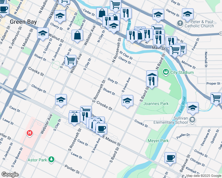 map of restaurants, bars, coffee shops, grocery stores, and more near 1239 Stuart Street in Green Bay
