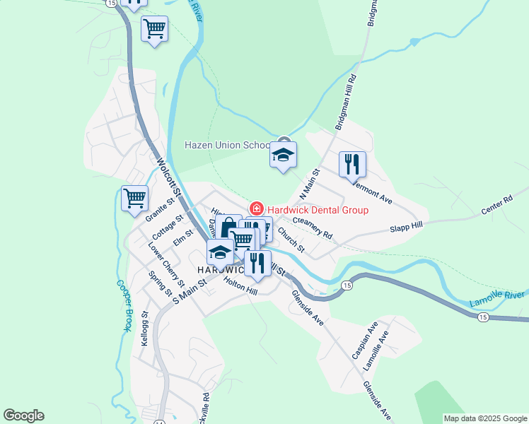 map of restaurants, bars, coffee shops, grocery stores, and more near 32 West Church Street in Hardwick