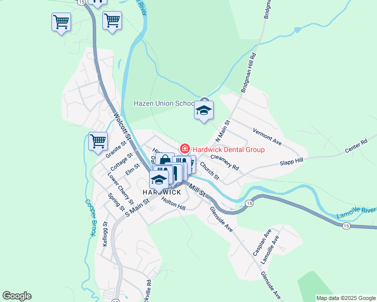 map of restaurants, bars, coffee shops, grocery stores, and more near 32 West Church Street in Hardwick