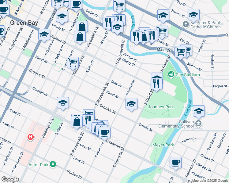 map of restaurants, bars, coffee shops, grocery stores, and more near 1239 Stuart Street in Green Bay