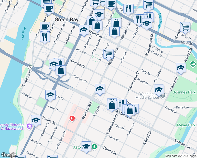 map of restaurants, bars, coffee shops, grocery stores, and more near 410 South Webster Avenue in Green Bay