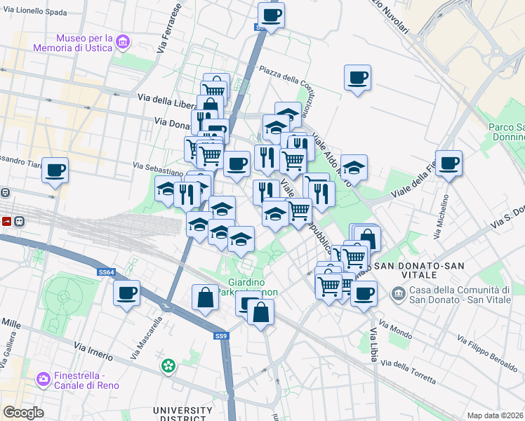 map of restaurants, bars, coffee shops, grocery stores, and more near 23 Via del Lavoro in Bologna