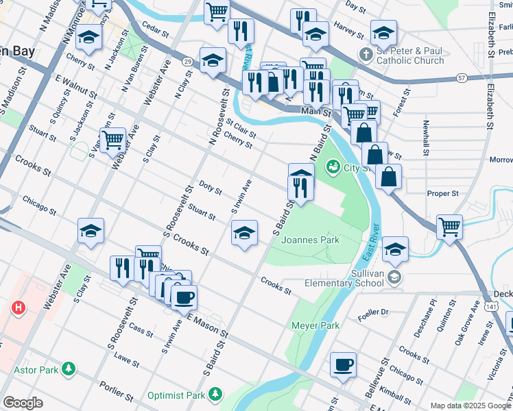 map of restaurants, bars, coffee shops, grocery stores, and more near 1327 Doty Street in Green Bay