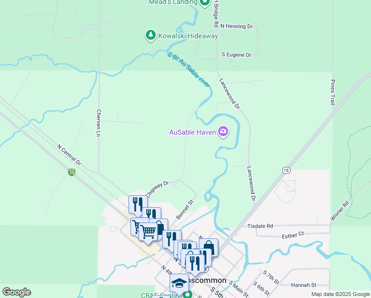 map of restaurants, bars, coffee shops, grocery stores, and more near Chipway Drive in Roscommon