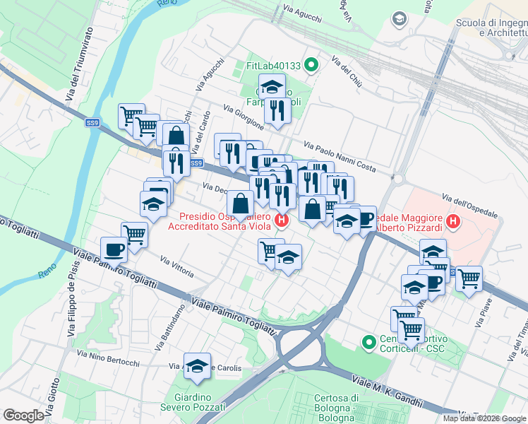 map of restaurants, bars, coffee shops, grocery stores, and more near 15 Via Battindarno in Bologna