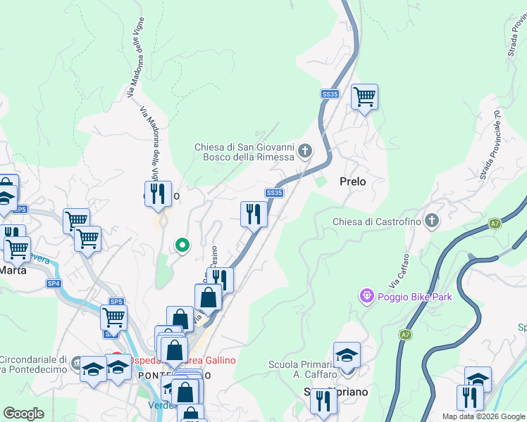 map of restaurants, bars, coffee shops, grocery stores, and more near Via Natale Gallino in Genoa