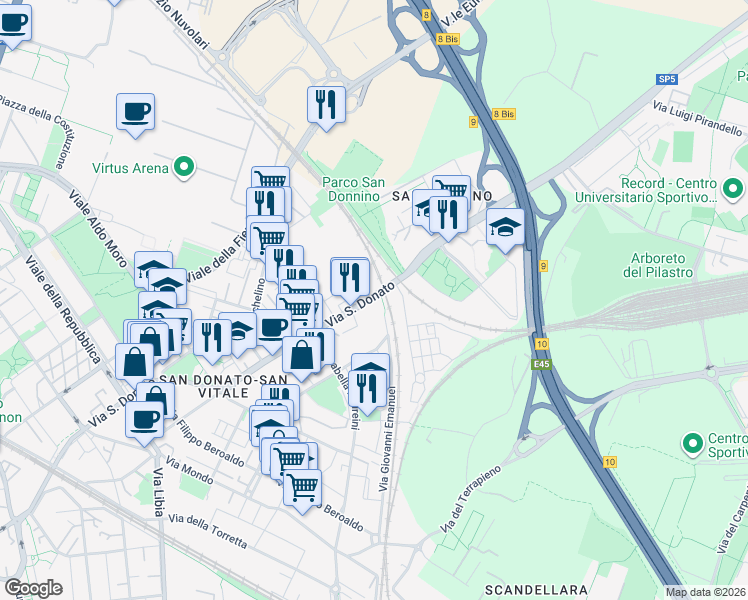 map of restaurants, bars, coffee shops, grocery stores, and more near 127 Via San Donato in Bologna