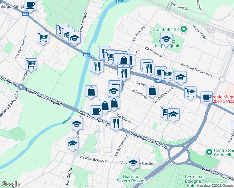 map of restaurants, bars, coffee shops, grocery stores, and more near 43-87 Via Speranza in Bologna