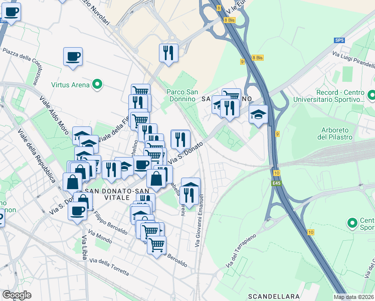 map of restaurants, bars, coffee shops, grocery stores, and more near 99-127 Via San Donato in Bologna