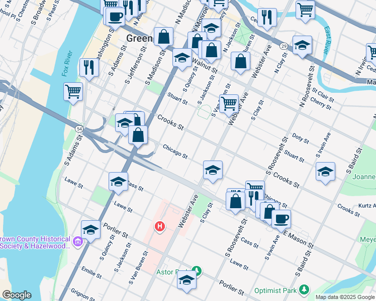 map of restaurants, bars, coffee shops, grocery stores, and more near 430 South Van Buren Street in Green Bay