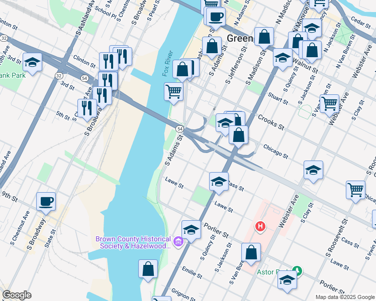 map of restaurants, bars, coffee shops, grocery stores, and more near 624 S Jefferson St in Green Bay