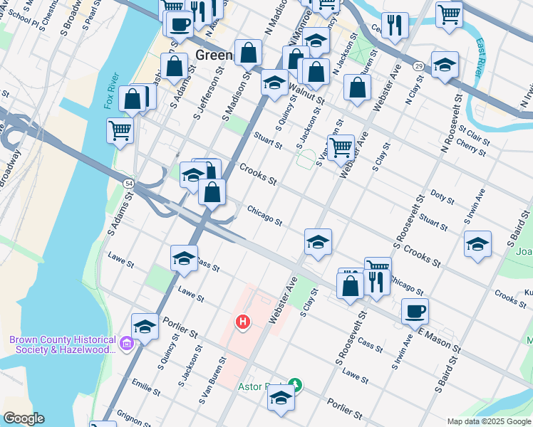 map of restaurants, bars, coffee shops, grocery stores, and more near 445 South Jackson Street in Green Bay