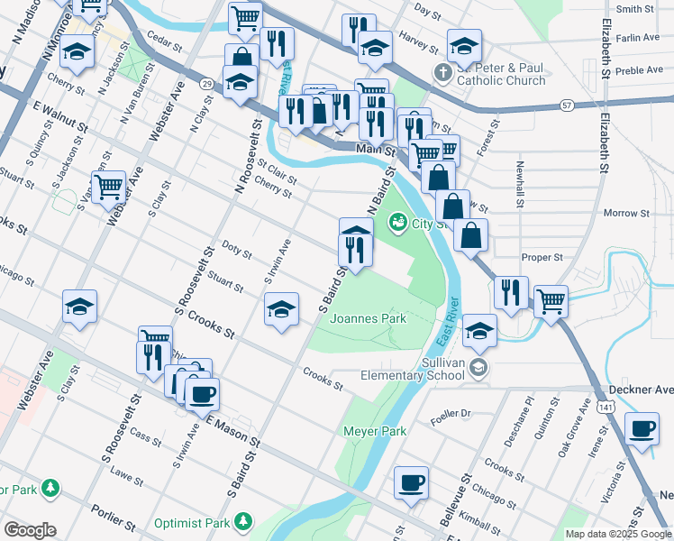 map of restaurants, bars, coffee shops, grocery stores, and more near 124S South Baird Street in Green Bay