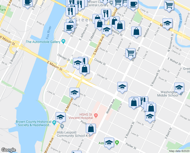 map of restaurants, bars, coffee shops, grocery stores, and more near 509 South Quincy Street in Green Bay