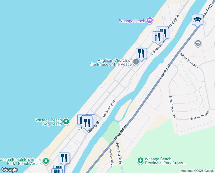 map of restaurants, bars, coffee shops, grocery stores, and more near 240 Shore Lane in Wasaga Beach