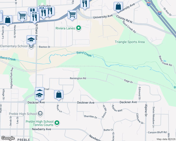 map of restaurants, bars, coffee shops, grocery stores, and more near 272 Lost Ridge Court in Green Bay