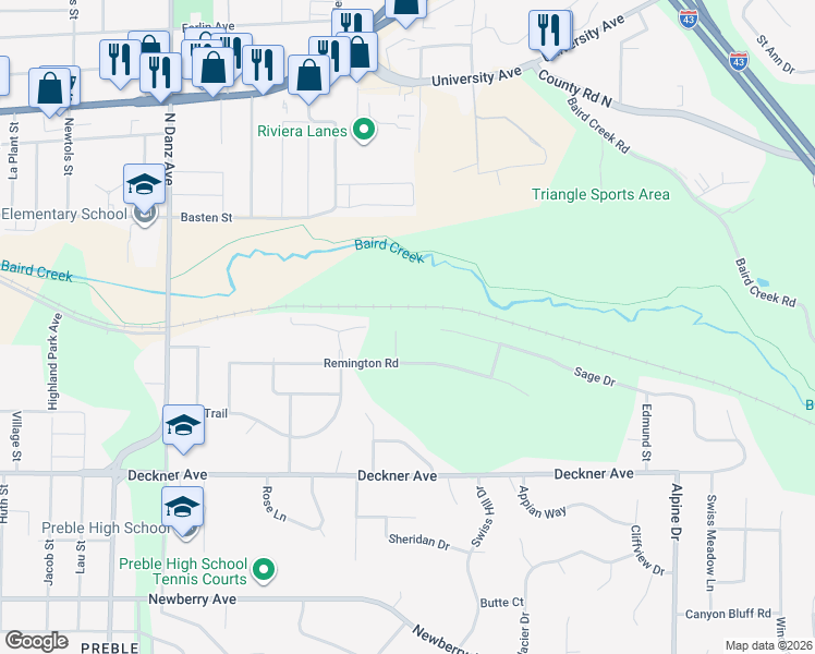map of restaurants, bars, coffee shops, grocery stores, and more near 272 Lost Ridge Court in Green Bay