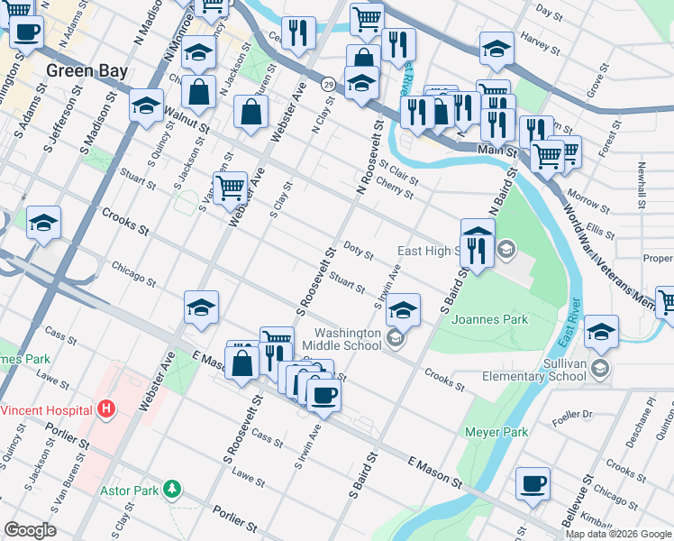 map of restaurants, bars, coffee shops, grocery stores, and more near 1202 Stuart Street in Green Bay