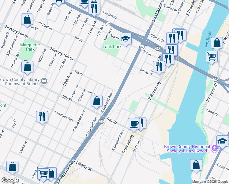 map of restaurants, bars, coffee shops, grocery stores, and more near 1131 South Oakland Avenue in Green Bay