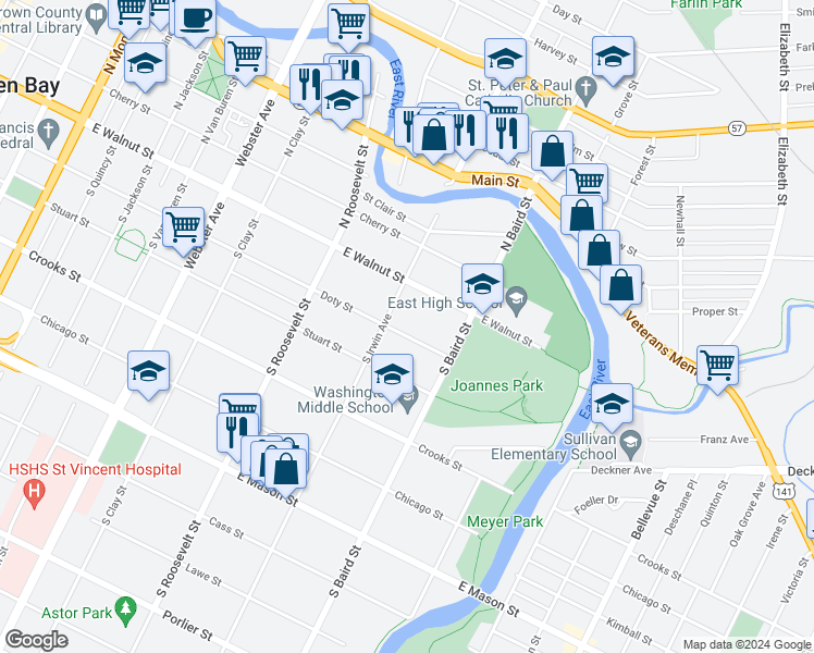 map of restaurants, bars, coffee shops, grocery stores, and more near 1323 Doty Street in Green Bay