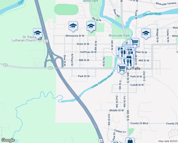 map of restaurants, bars, coffee shops, grocery stores, and more near 101 9th Street North in Cannon Falls