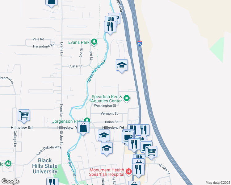 map of restaurants, bars, coffee shops, grocery stores, and more near 2305 5th Street in Spearfish