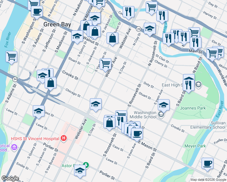 map of restaurants, bars, coffee shops, grocery stores, and more near 329 South Clay Street in Green Bay