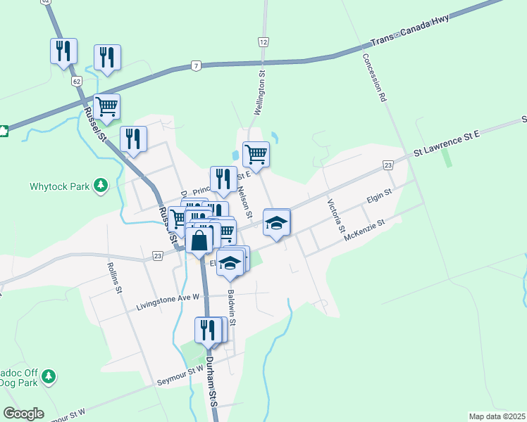 map of restaurants, bars, coffee shops, grocery stores, and more near 158 Saint Lawrence Street East in Madoc