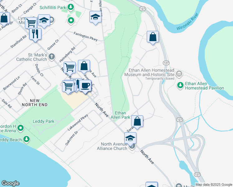 map of restaurants, bars, coffee shops, grocery stores, and more near 1006 North Avenue in Burlington